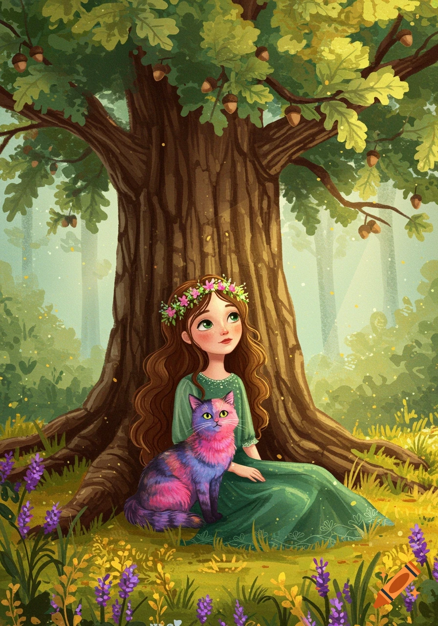 Illustration of a girl with a purple, pink, and blue cat sitting under an acorn tree in a forest.