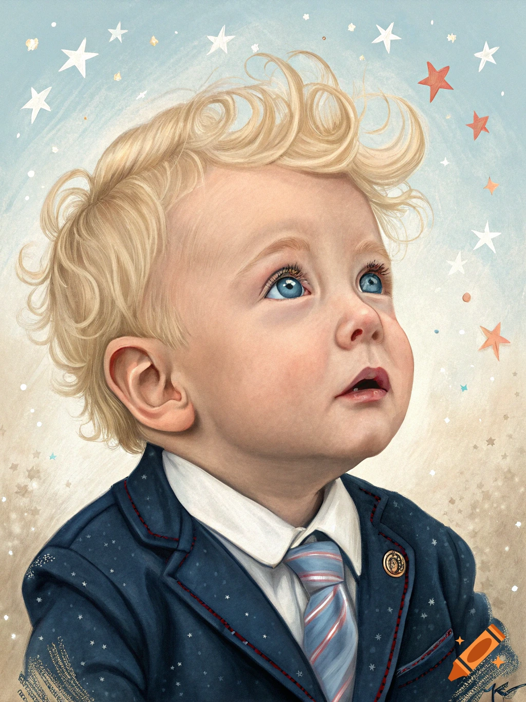 A baby boy with blond curly hair and blue eyes in a suit looks up at stars.
