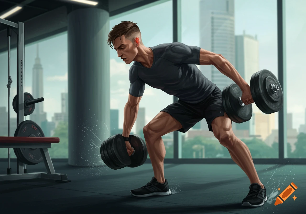A man lifts dumbbells in a gym with a large window overlooking a city, digital illustration.