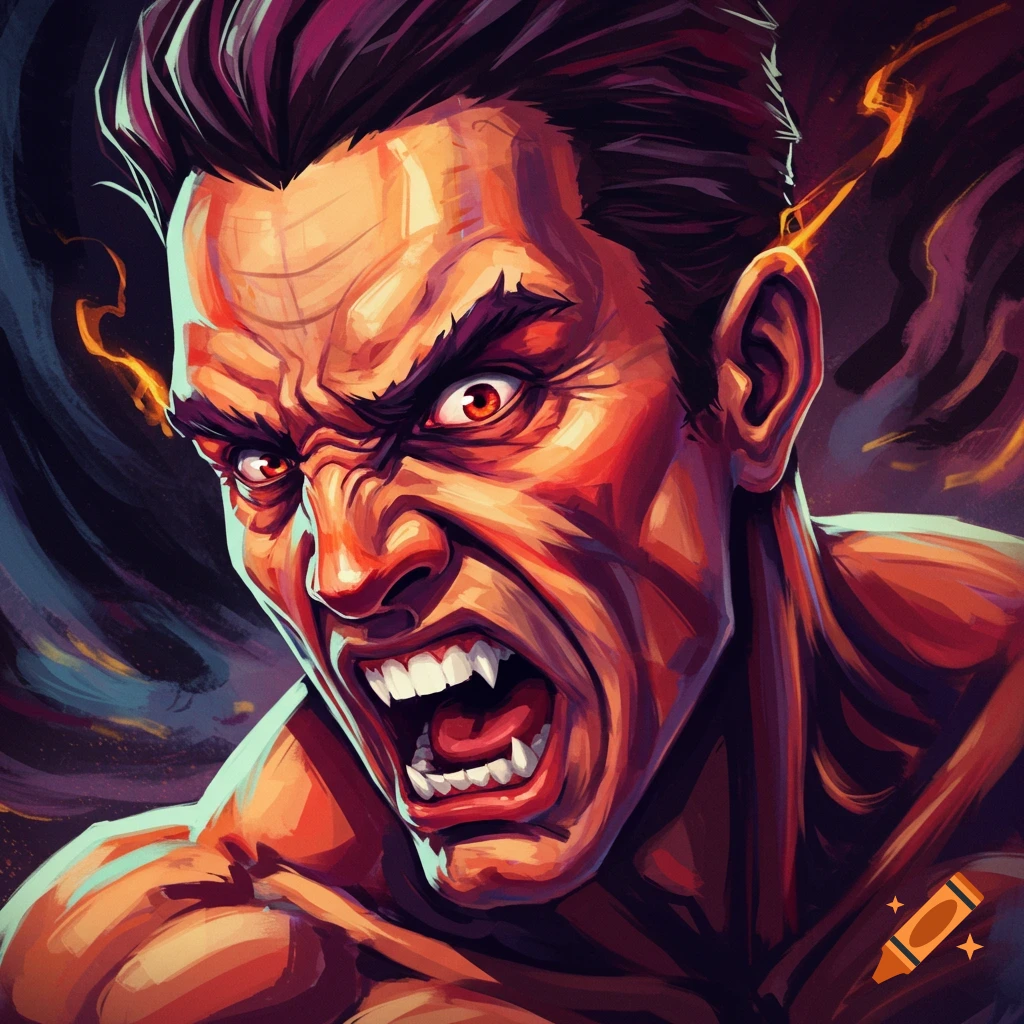 Close-up illustration of a furious man with sharp teeth and glowing eyes.