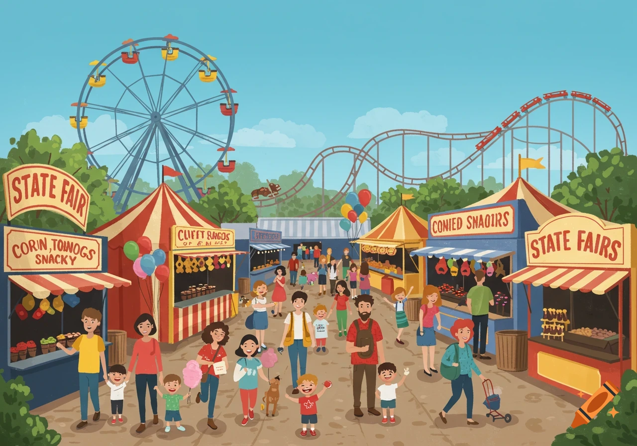 Vector illustration of a busy state fair with people, stalls, a Ferris wheel, and a rollercoaster.