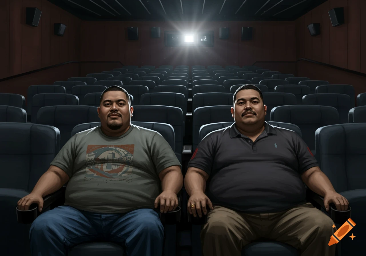 Two overweight Latino men sit in an empty movie theater.