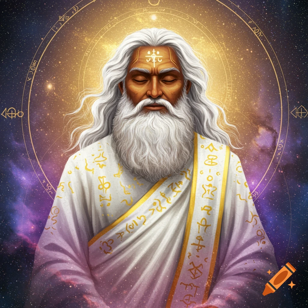 Portrait of a spiritual figure with white hair and beard, meditating against a cosmic background.