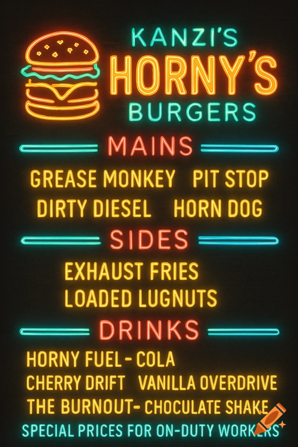 Neon sign menu for Kanzi's Horny's Burgers, featuring Mains, Sides, and Drinks.