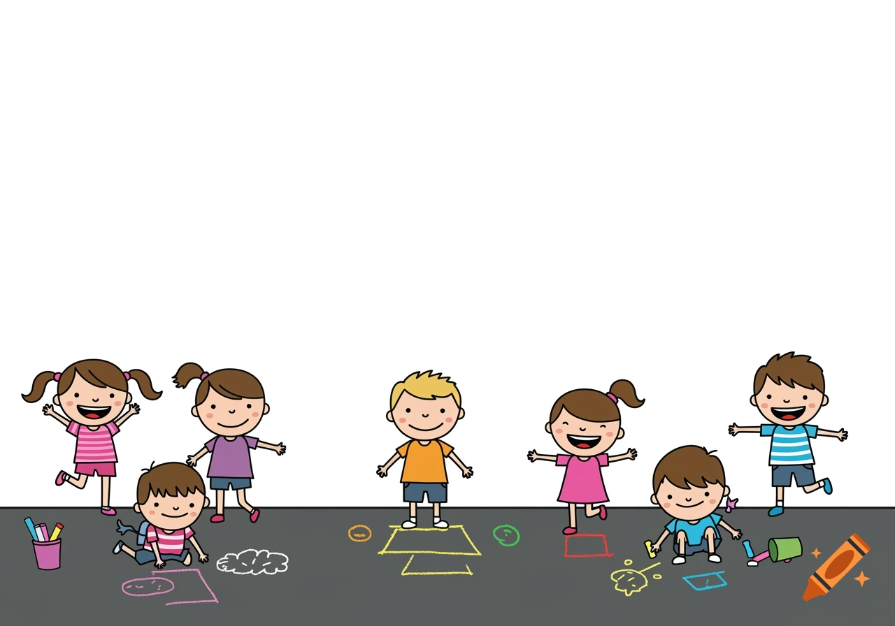 Vector illustration of kids playing with chalk on the ground.