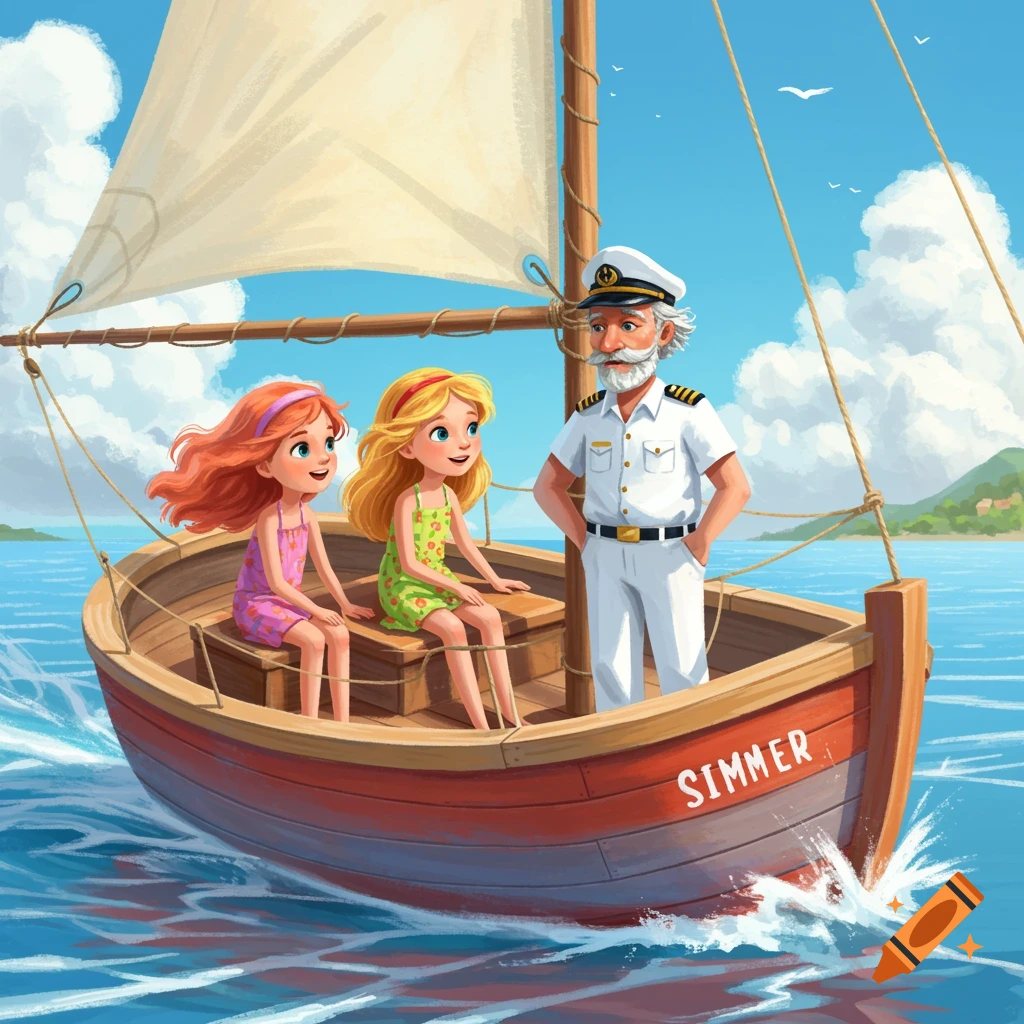 Illustrated scene of two children and a captain sailing in a boat on the sea.