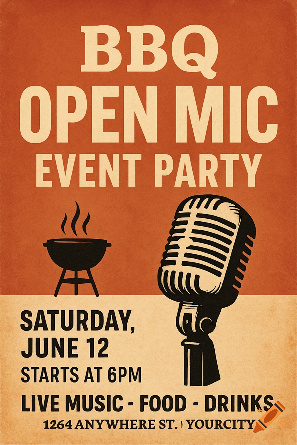 Retro event flyer for BBQ Open Mic with date, time, activities, and illustrations of grill and microphone.