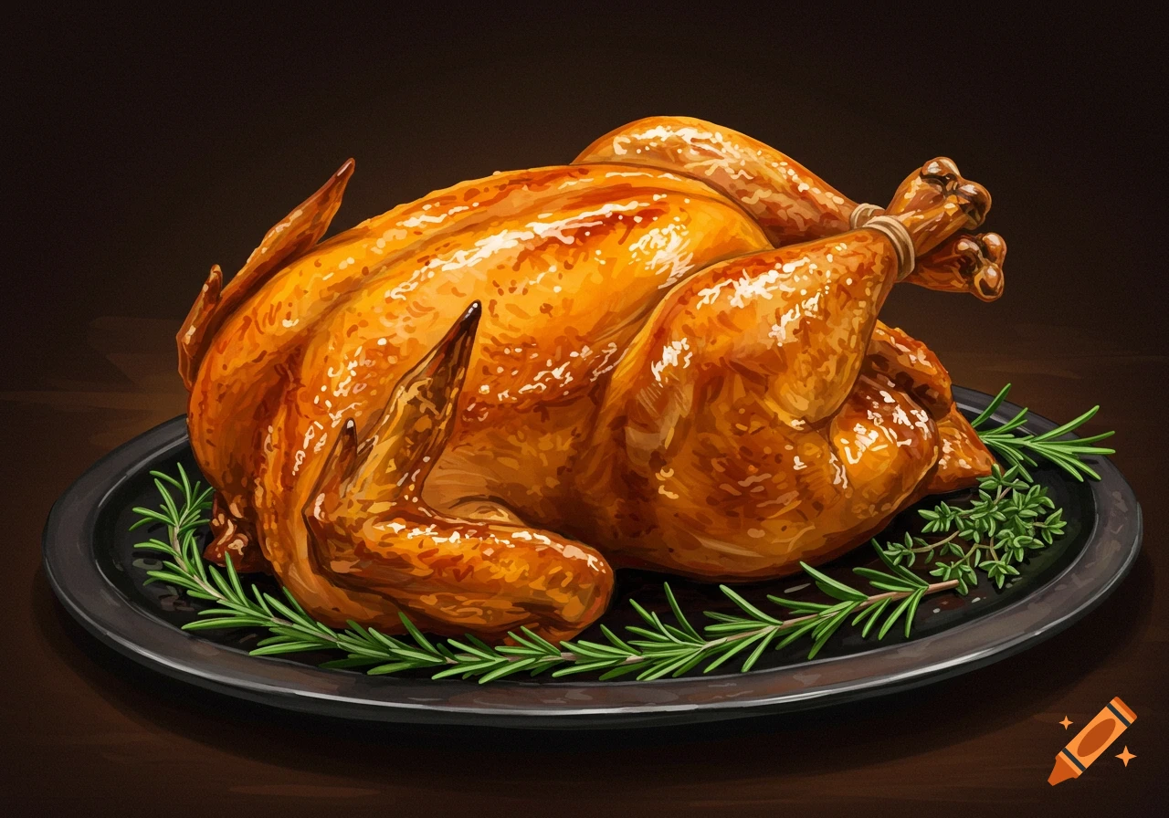 Roasted chicken on a black plate garnished with rosemary and thyme, illustration style
