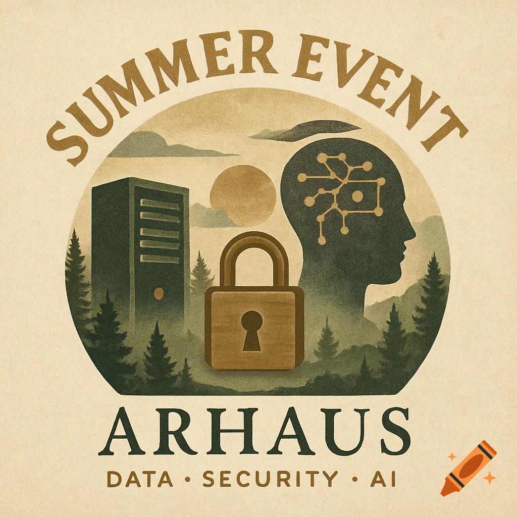 Logo for Summer Event Arhaus featuring server, lock, AI head, and text: Data, Security, AI, in earthy illustration style.