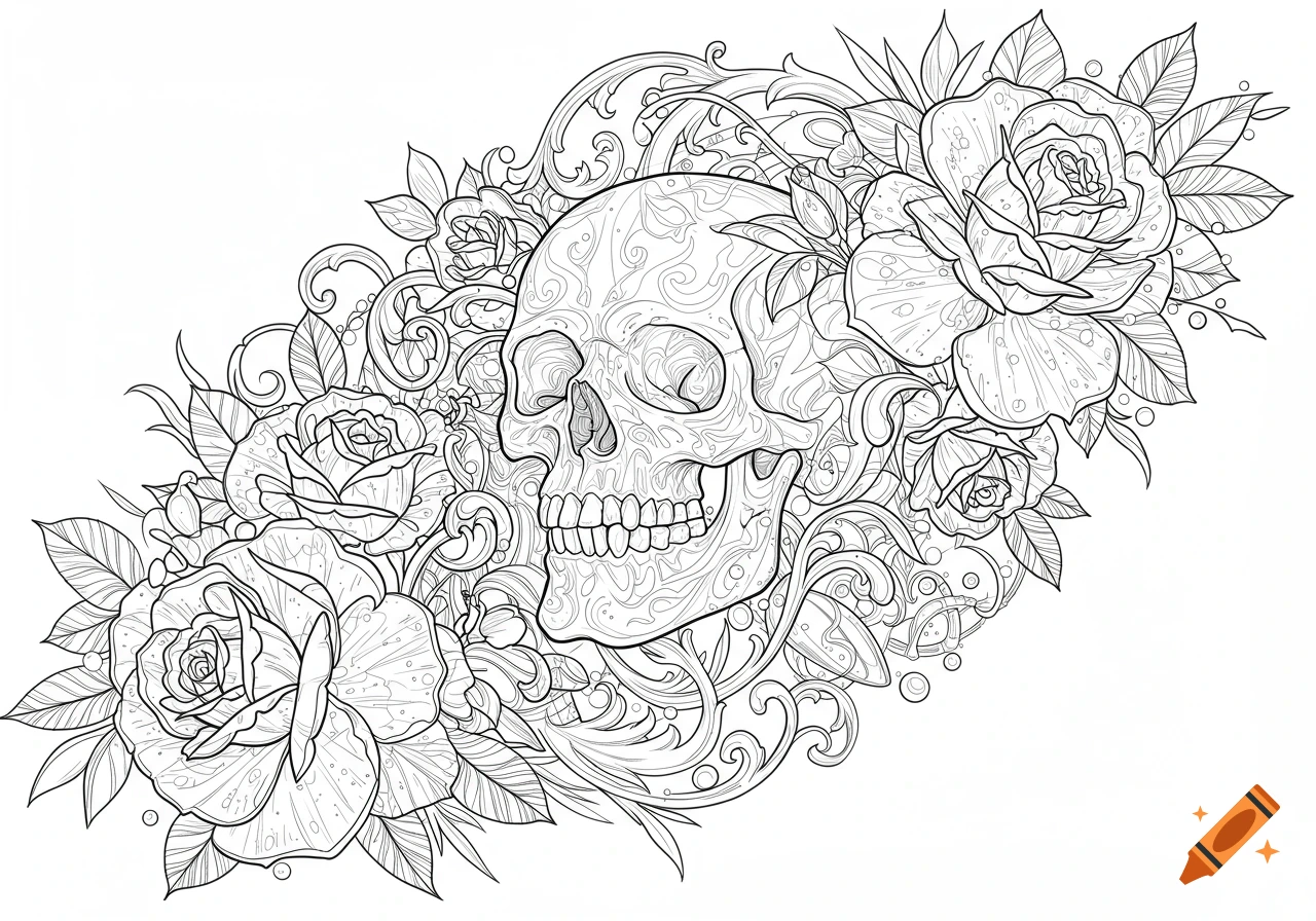 Line art of a skull surrounded by roses and ornate swirls.