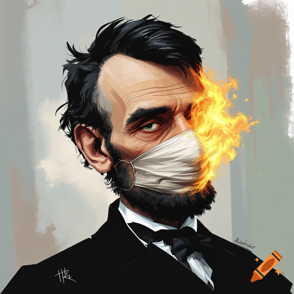 A stylized portrait of Abraham Lincoln wearing a face mask with fire erupting from his right eye.