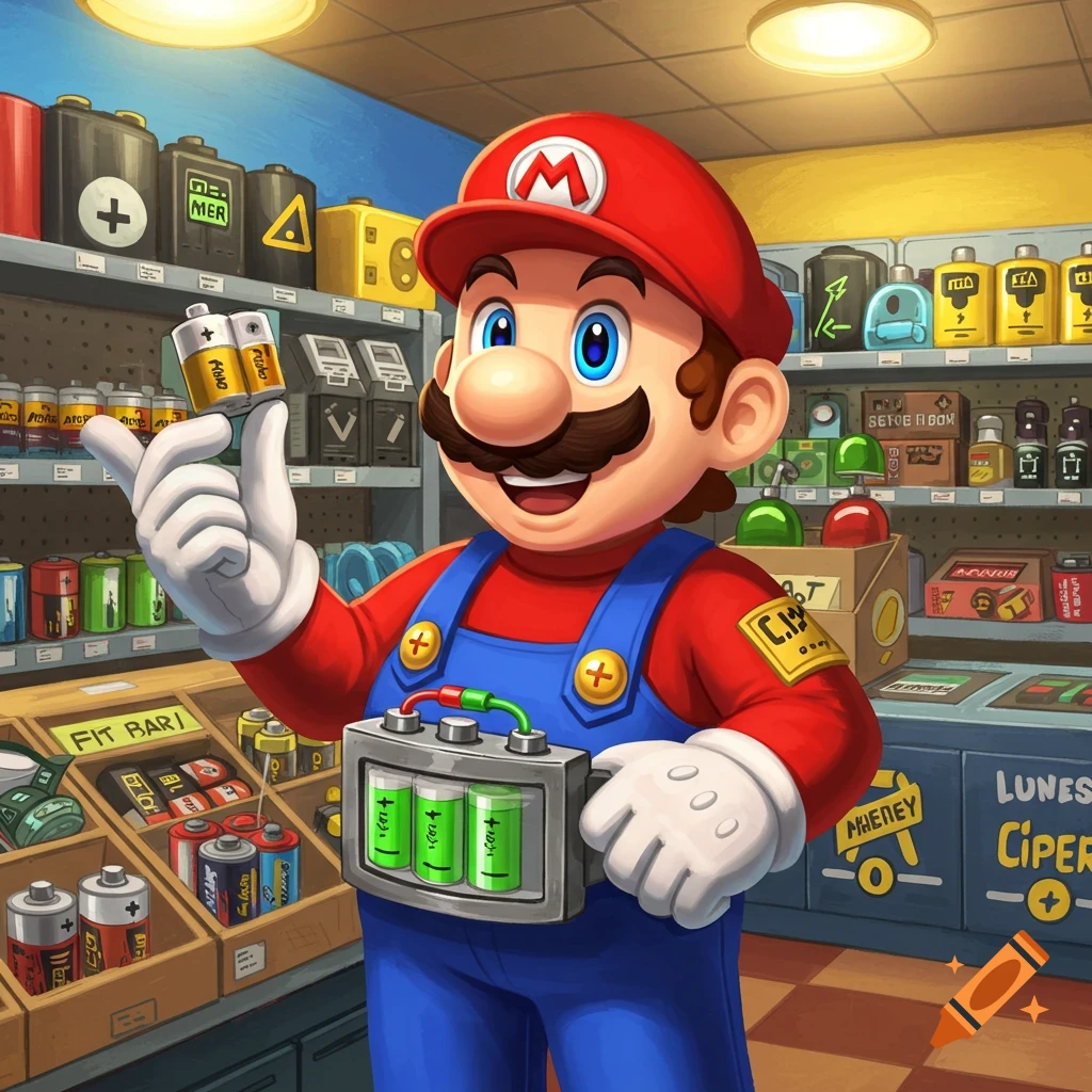 Mario holding AA batteries and a large battery pack in a store.