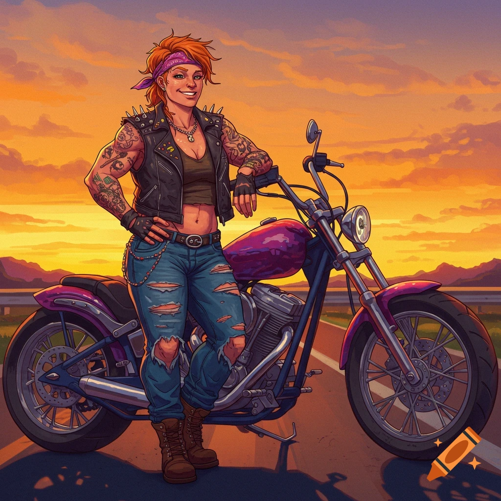 Stylized illustration of a tattooed woman biker standing next to her motorcycle at sunset.