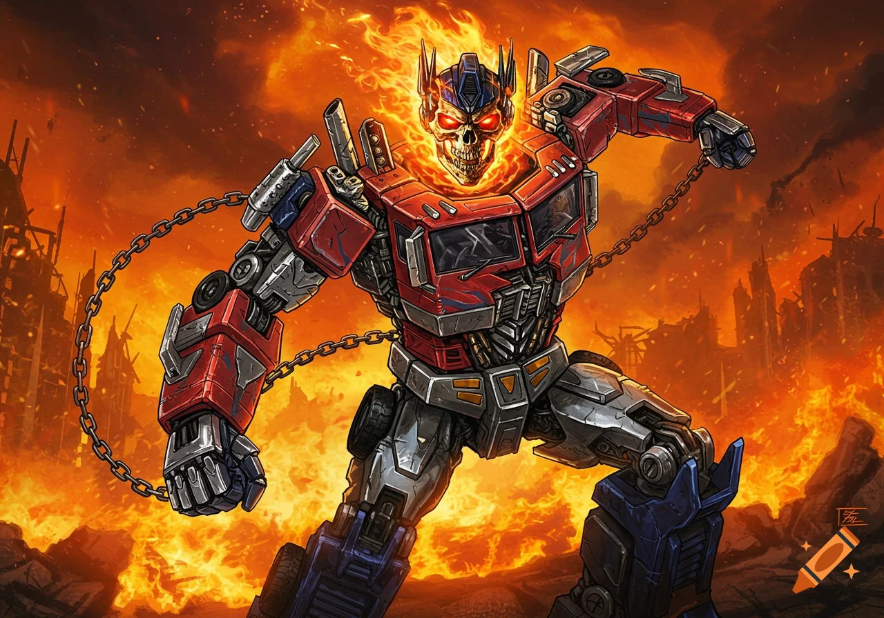 Ghost Rider Optimus Prime fusion stands in a burning city, illustration