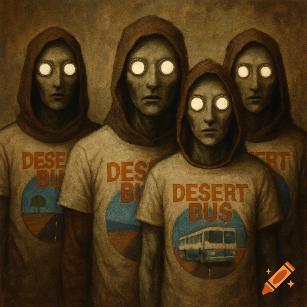 Four hooded figures with glowing eyes wear t-shirts featuring "Desert Bus" logos, in a dark, painterly style.
