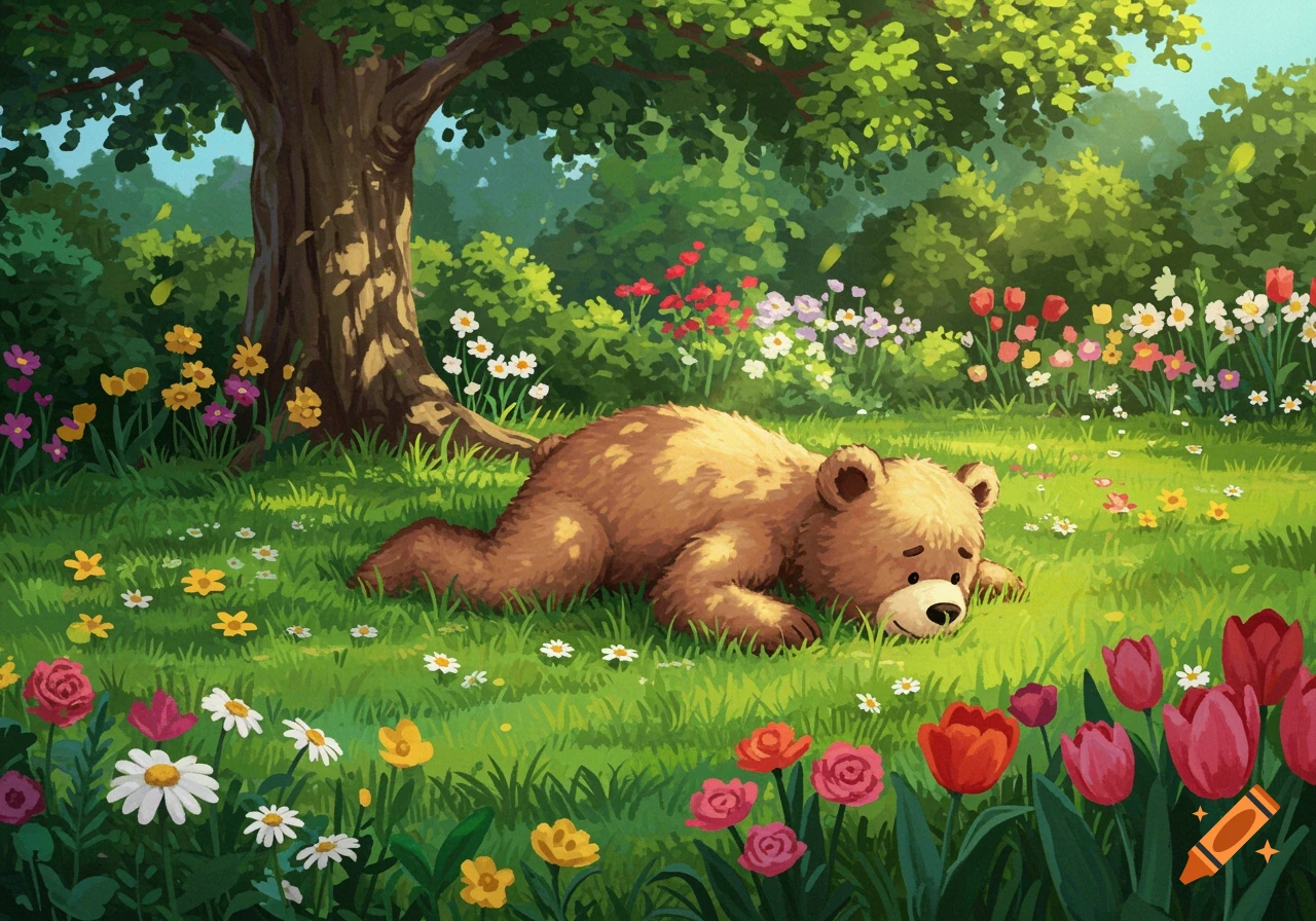 An illustration of a fluffy toy bear lying face down in a garden full of colorful flowers under a tree.