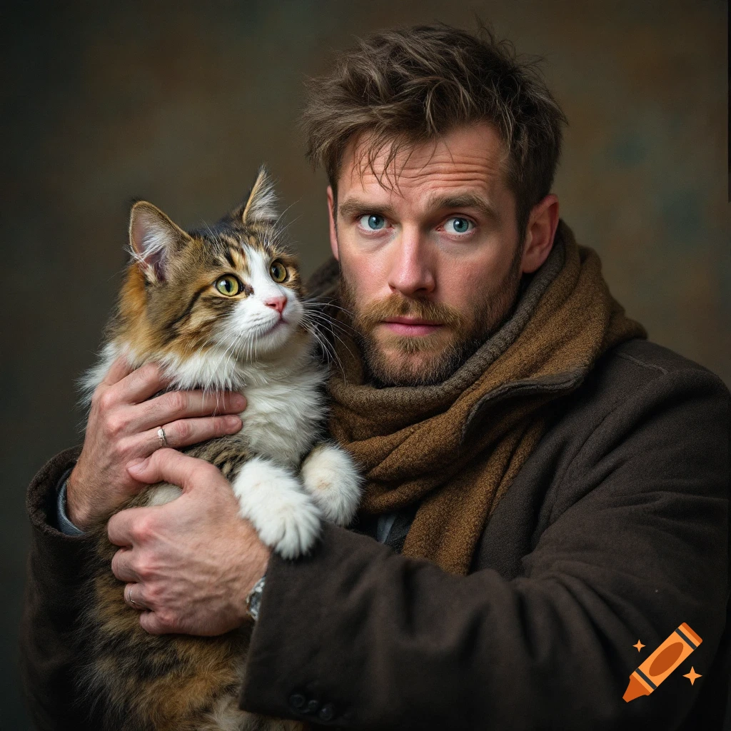A man with a beard and scarf holds a cat in a photorealistic portrait.