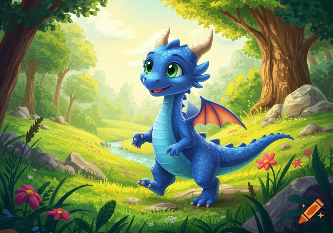 Cartoon blue dragon walking through a bright fantasy forest meadow, children's storybook style.
