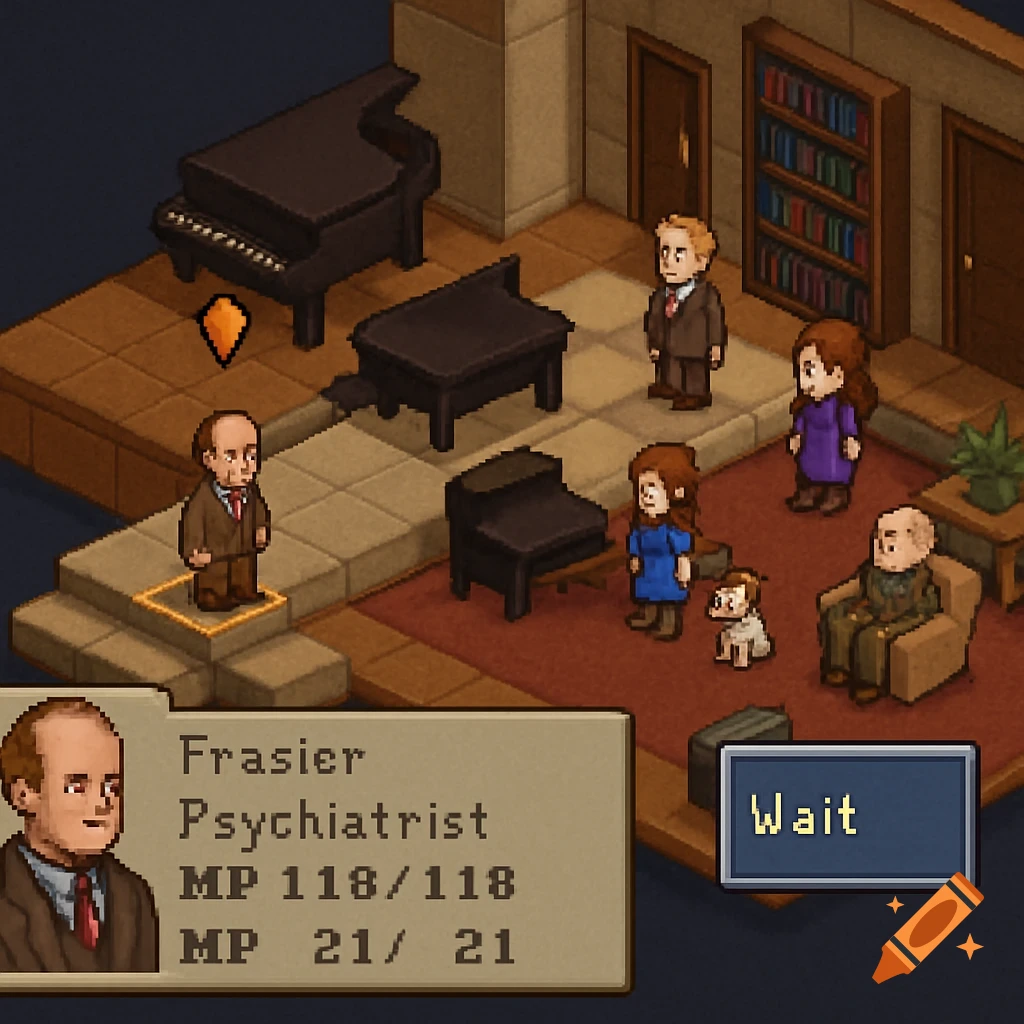 Pixel art video game screenshot based on Frasier, showing characters in a room with UI text.