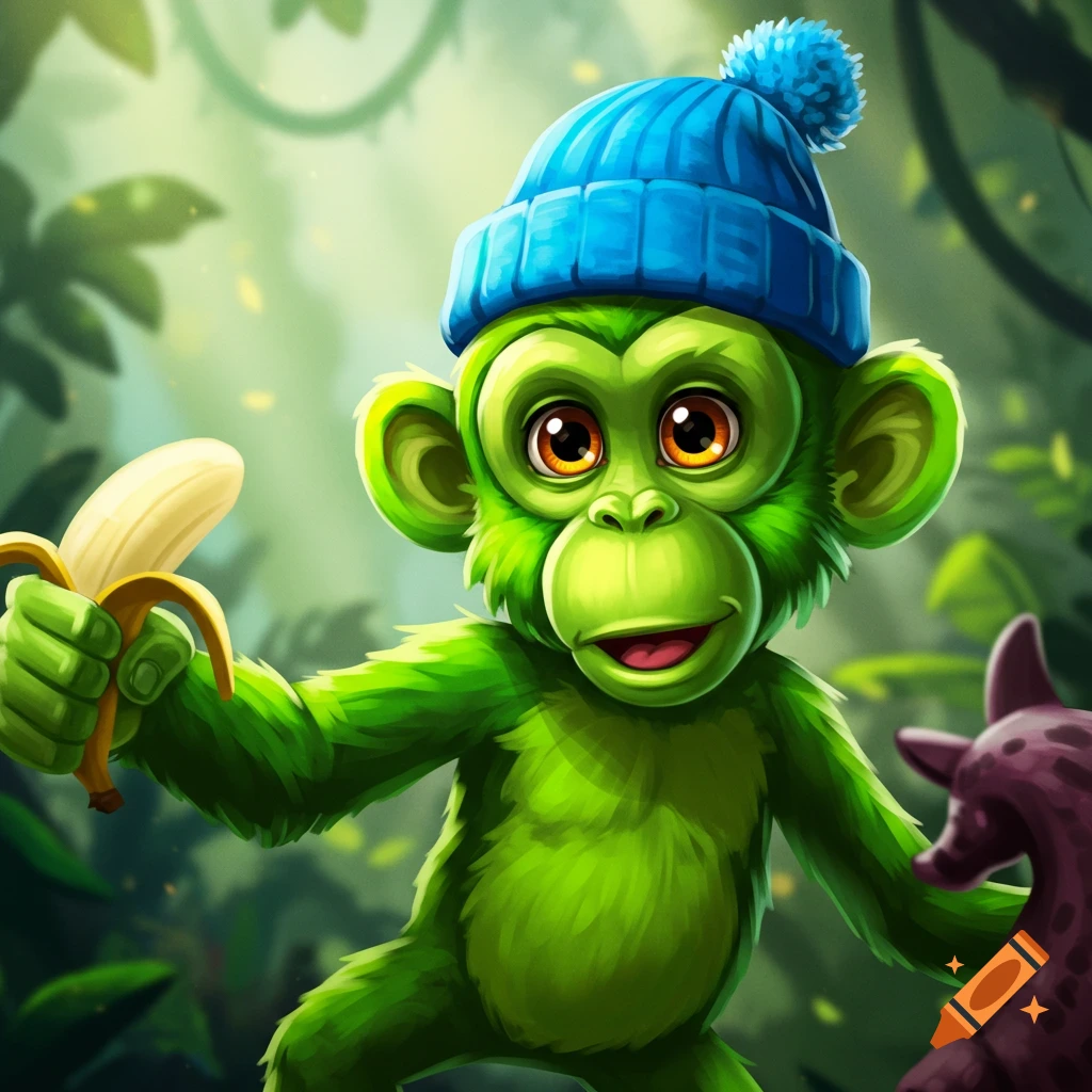 Cartoon green monkey in blue beanie holding a banana in a jungle