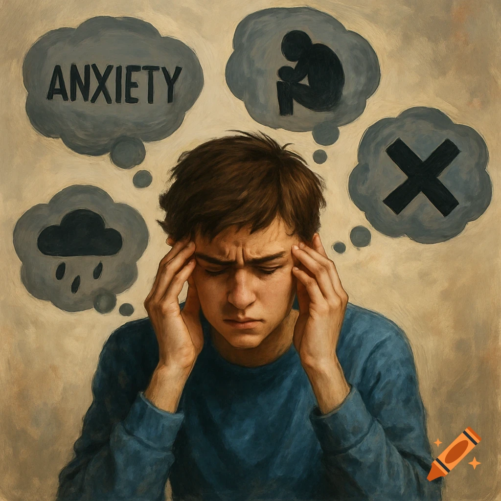 Illustration of a young man with hands on his head, thinking about anxiety with symbols in thought bubbles.