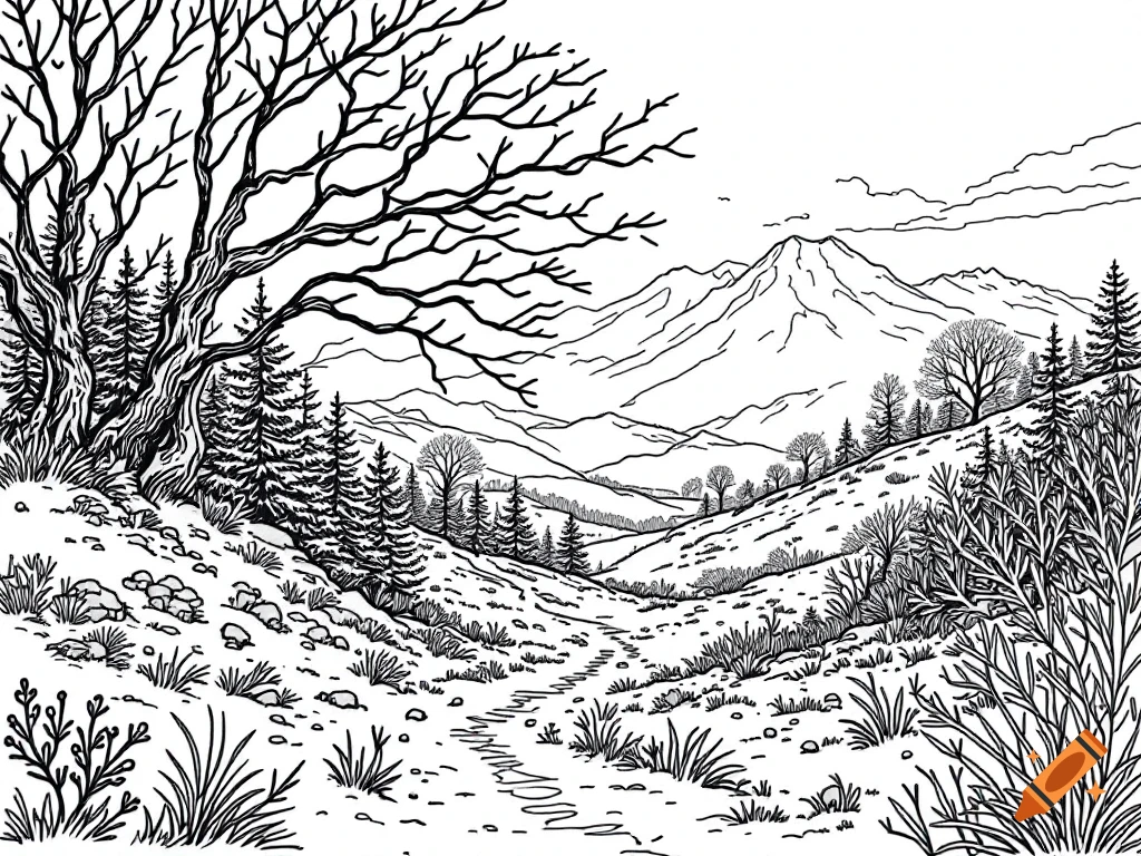 Black and white line drawing of a mountain landscape with bare trees, pine forest, path, and distant peaks.