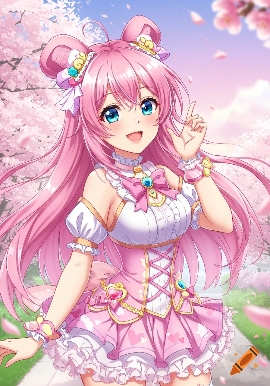 Anime girl with pink hair and bunny ears smiling in a pink dress under cherry blossom trees.