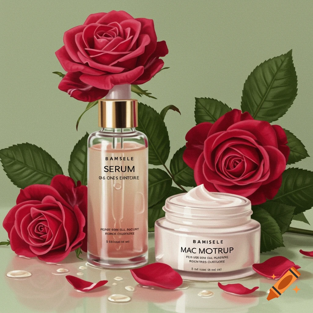 A bottle of serum and a jar of cream sit among red roses and petals, rendered in a realistic style.