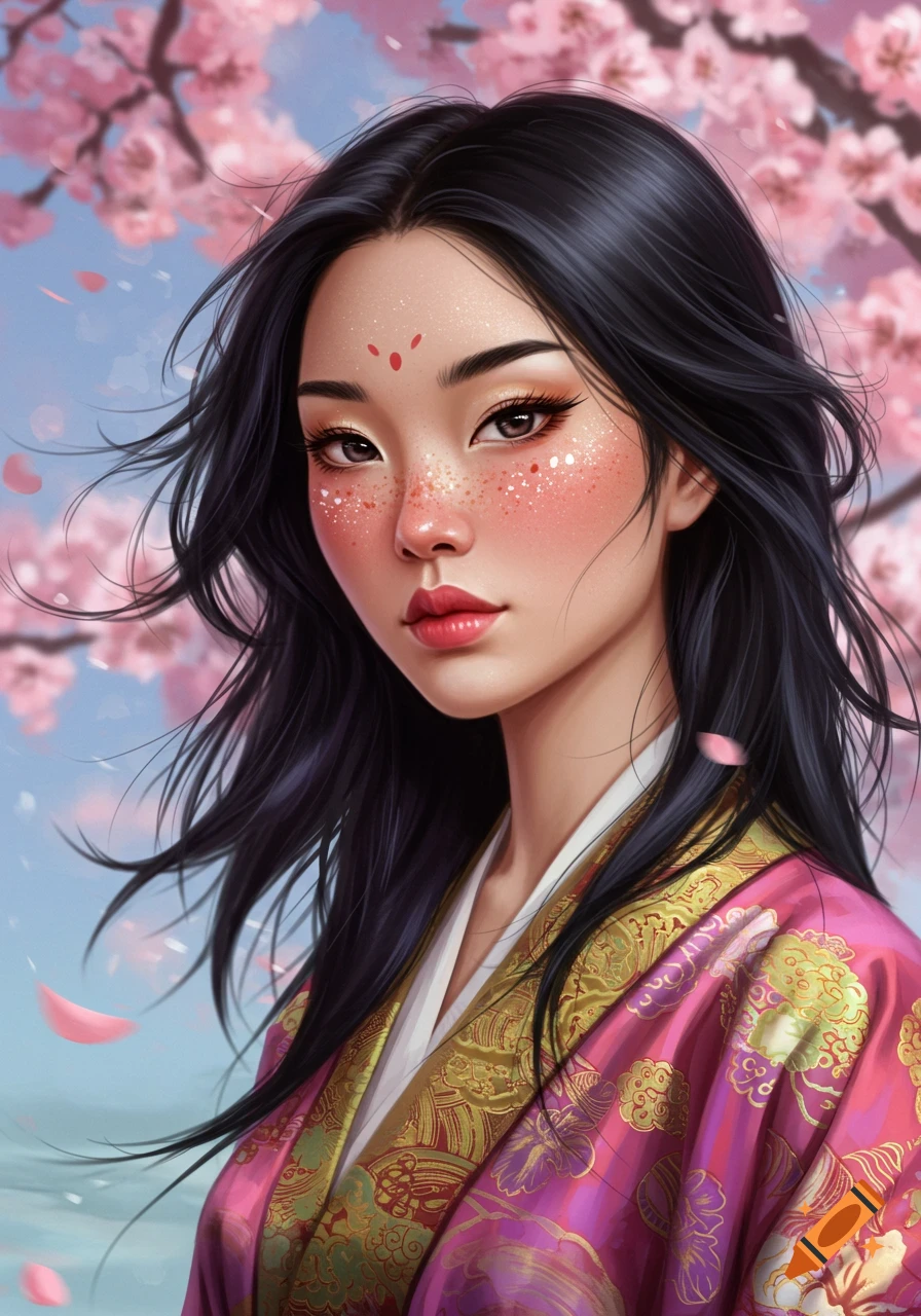 Portrait of a woman with freckles under cherry blossoms, digital art