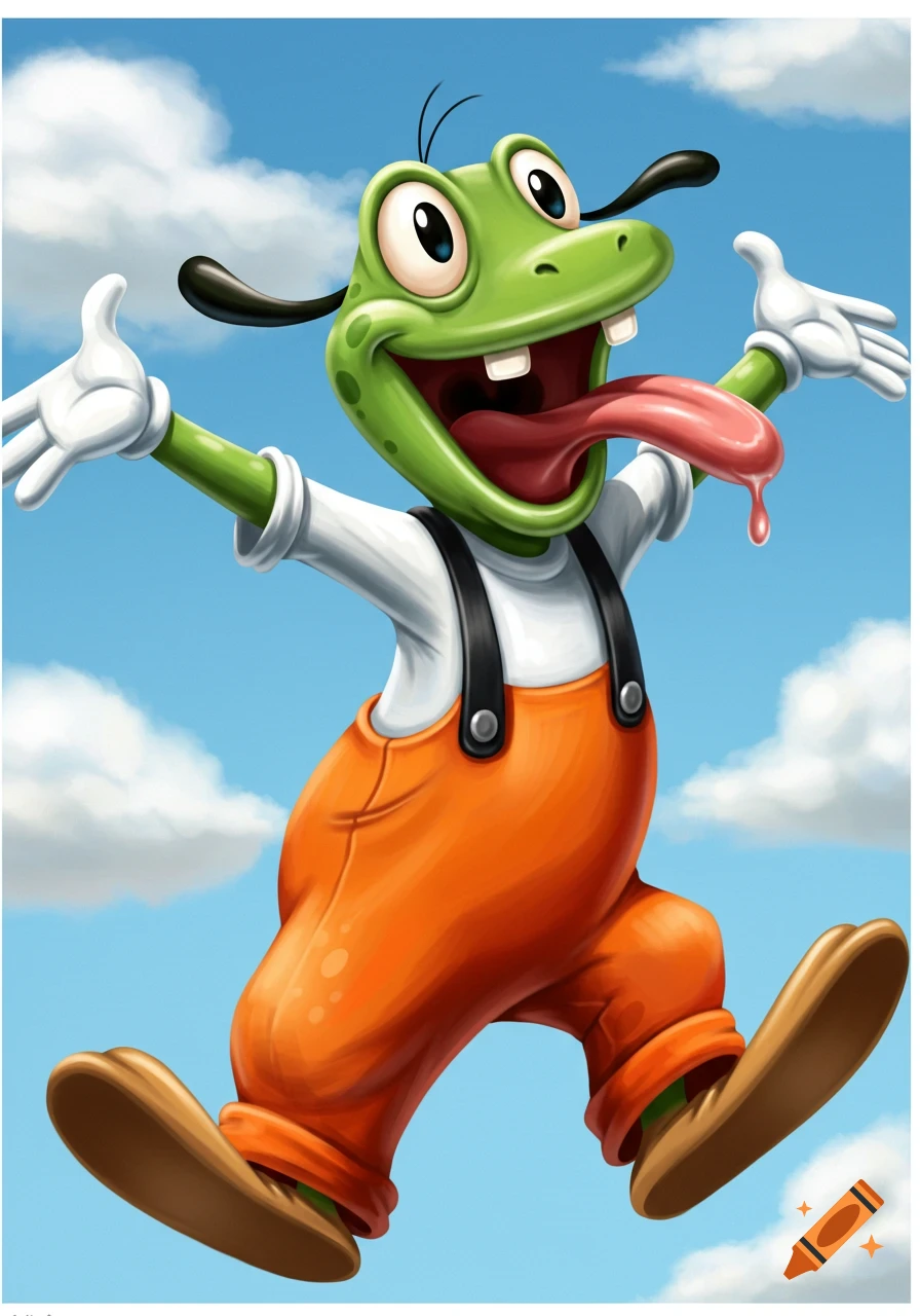 A cartoony green frog-like character wearing orange overalls jumps with its tongue sticking out against a blue sky.