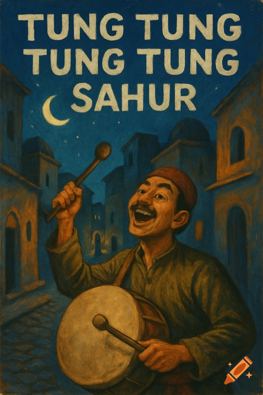 A man plays a drum in a town square at night under a crescent moon, with the text TUNG TUNG TUNG TUNG SAHUR above.