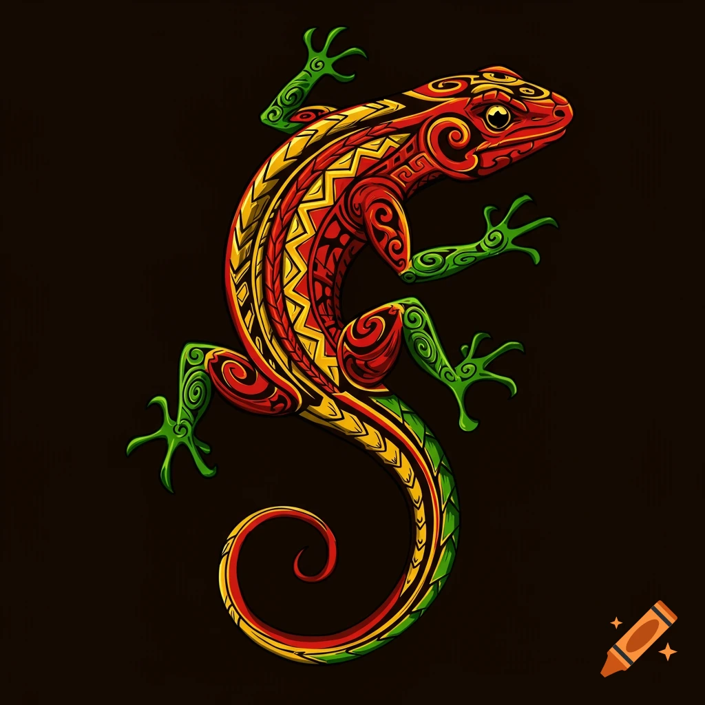 Stylized red, yellow, and green lizard with tribal tattoo patterns