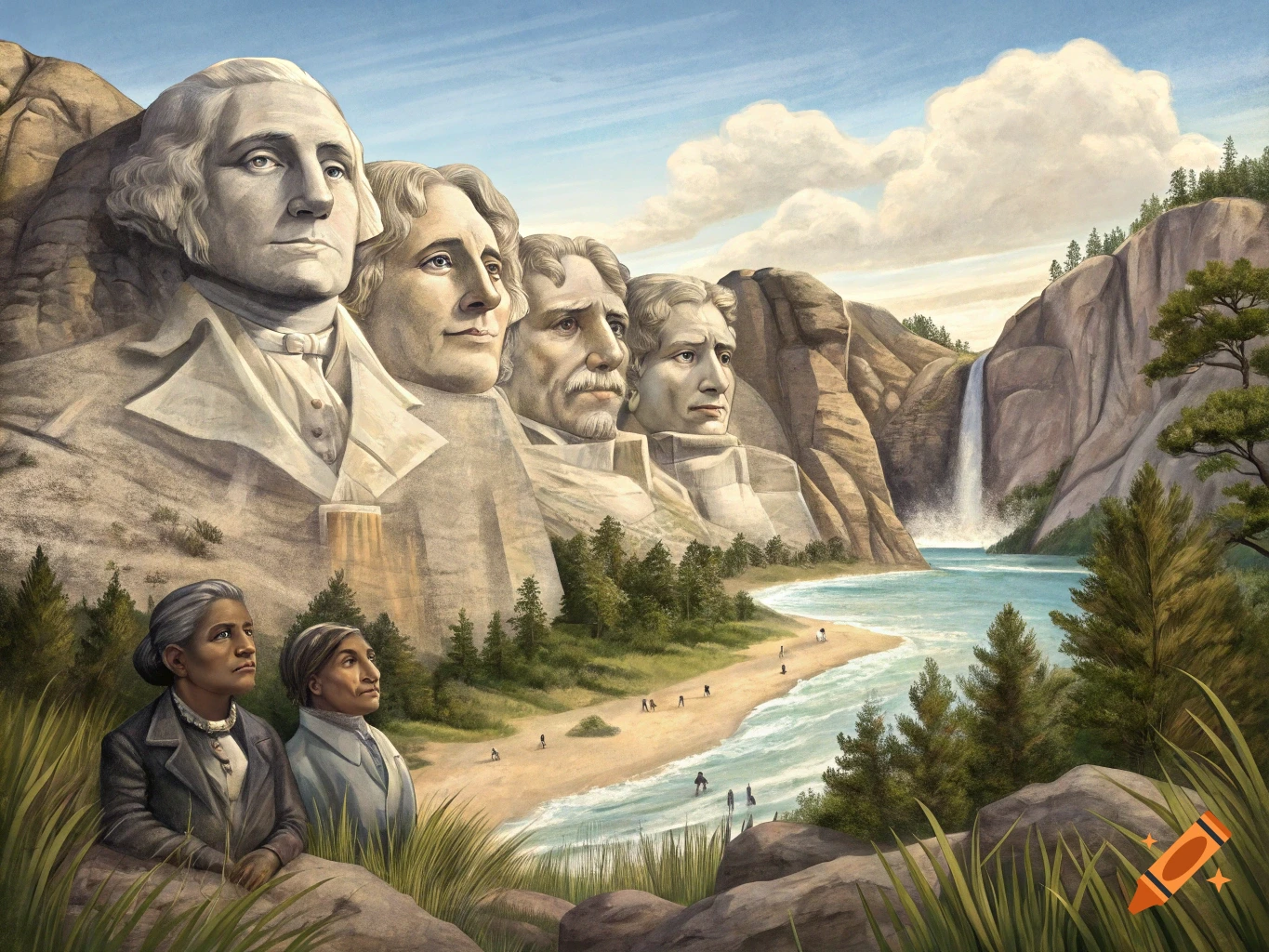 Illustrative reimagining of Mount Rushmore overlooking a beach and waterfall, with different historical figures carved.