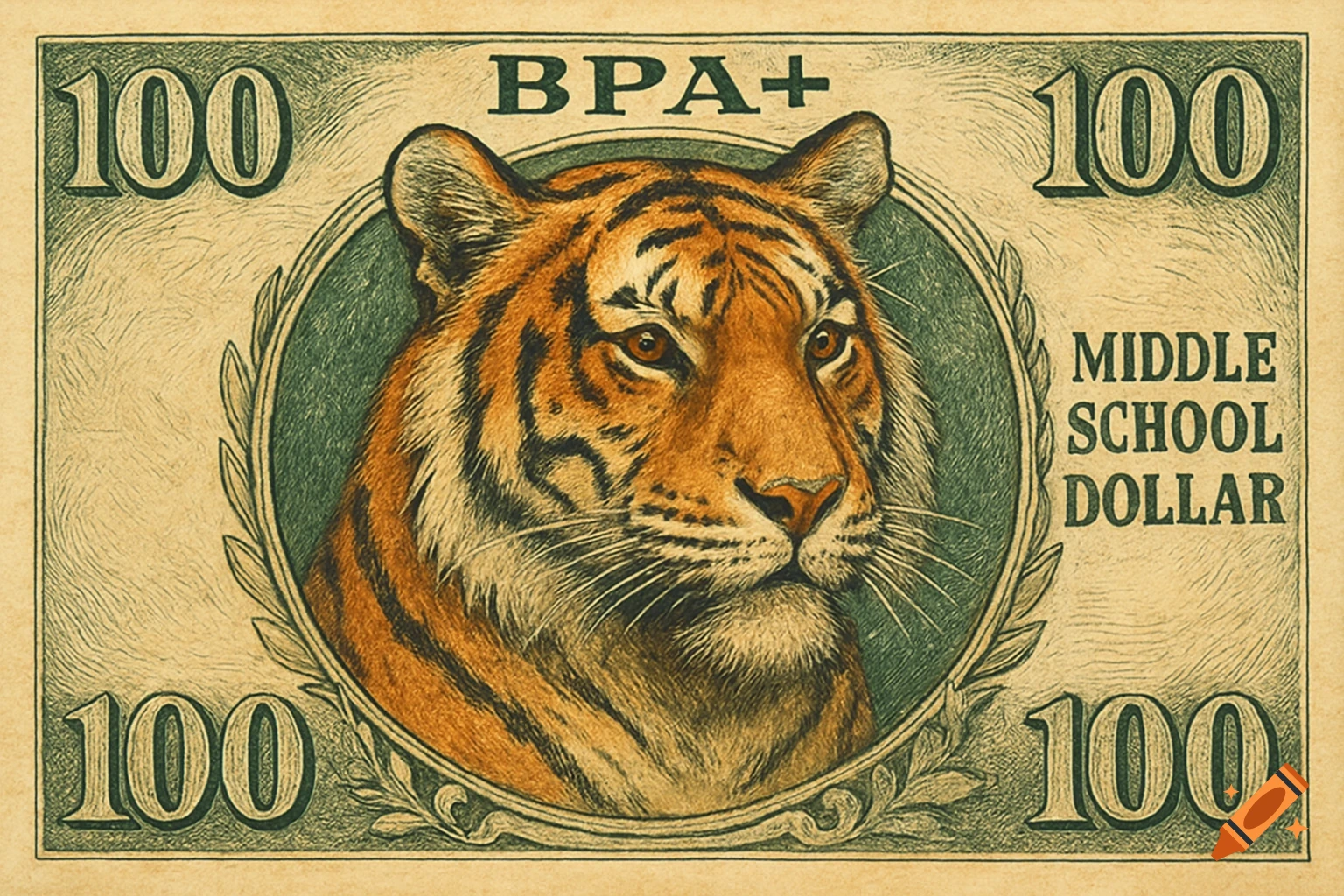 Illustration of a tiger on a green and tan bill with the number 100 and text 'BPA+ Middle School Dollar'.