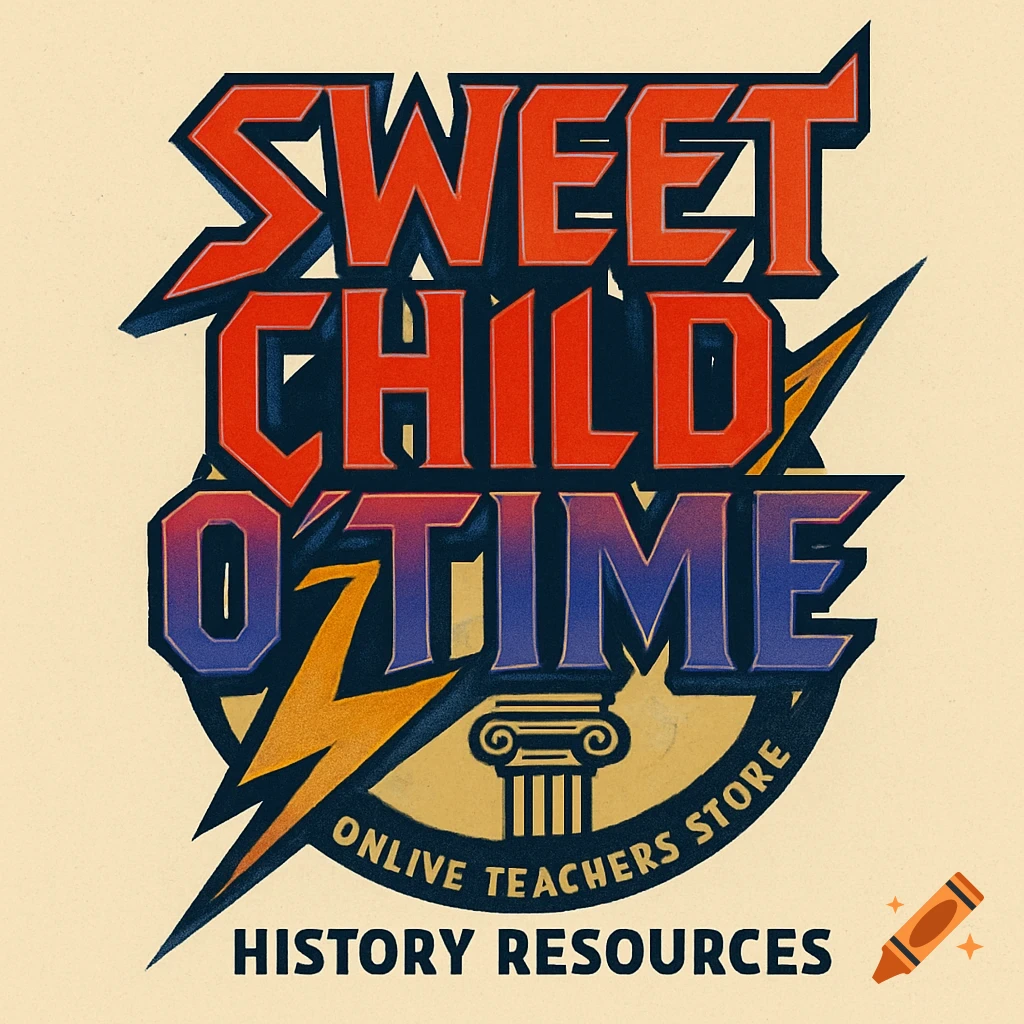 80s style logo for Sweet Child O'Time history resources, with text, lightning bolt, and classical column