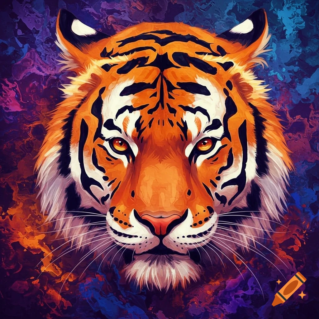 Close-up of a stylized tiger face with bright orange fur and black stripes against a vibrant purple and orange abstract background.