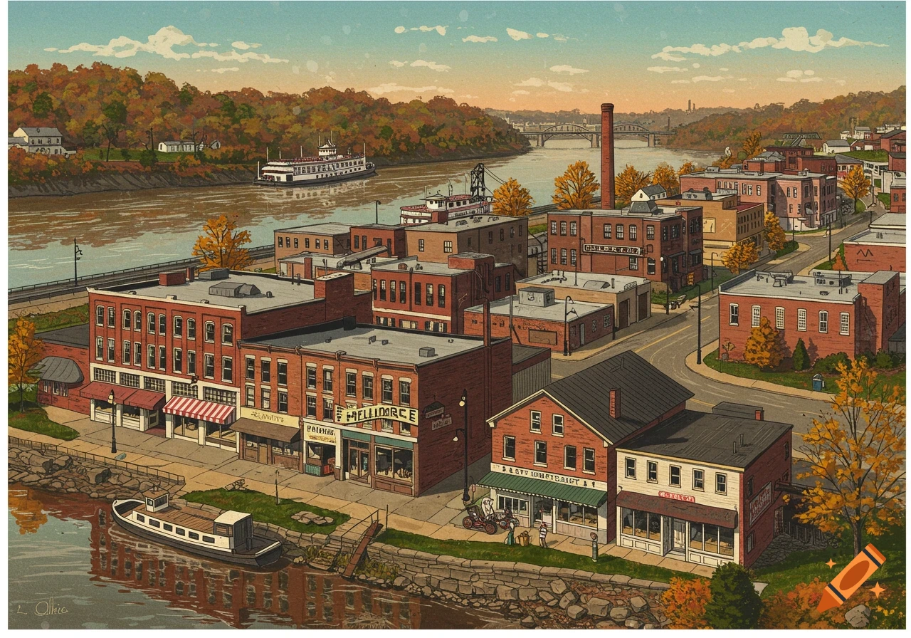 Illustration of a town by a river in autumn with buildings and boats.