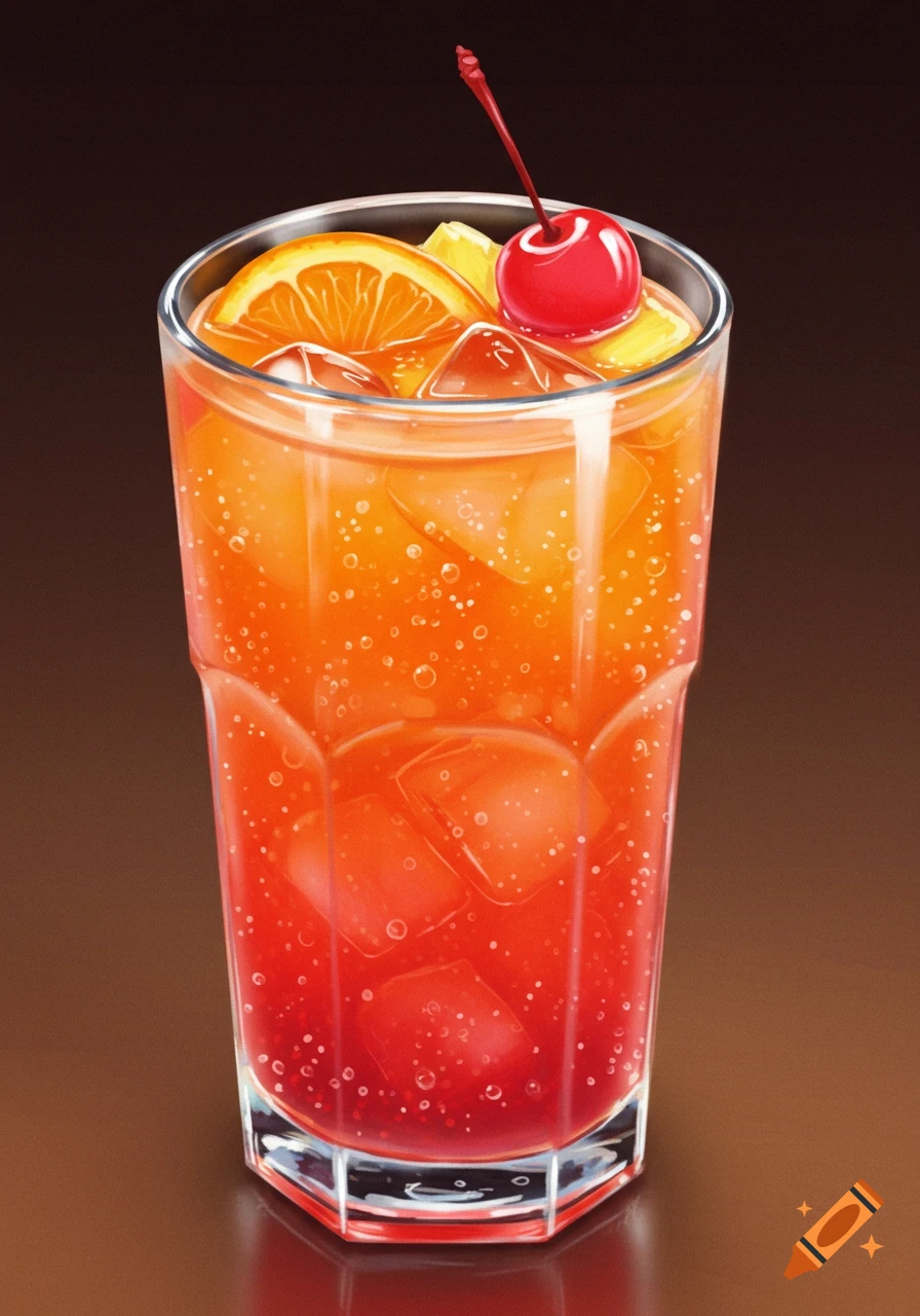An illustration of a bright orange and red cocktail with ice, an orange slice, and a cherry.