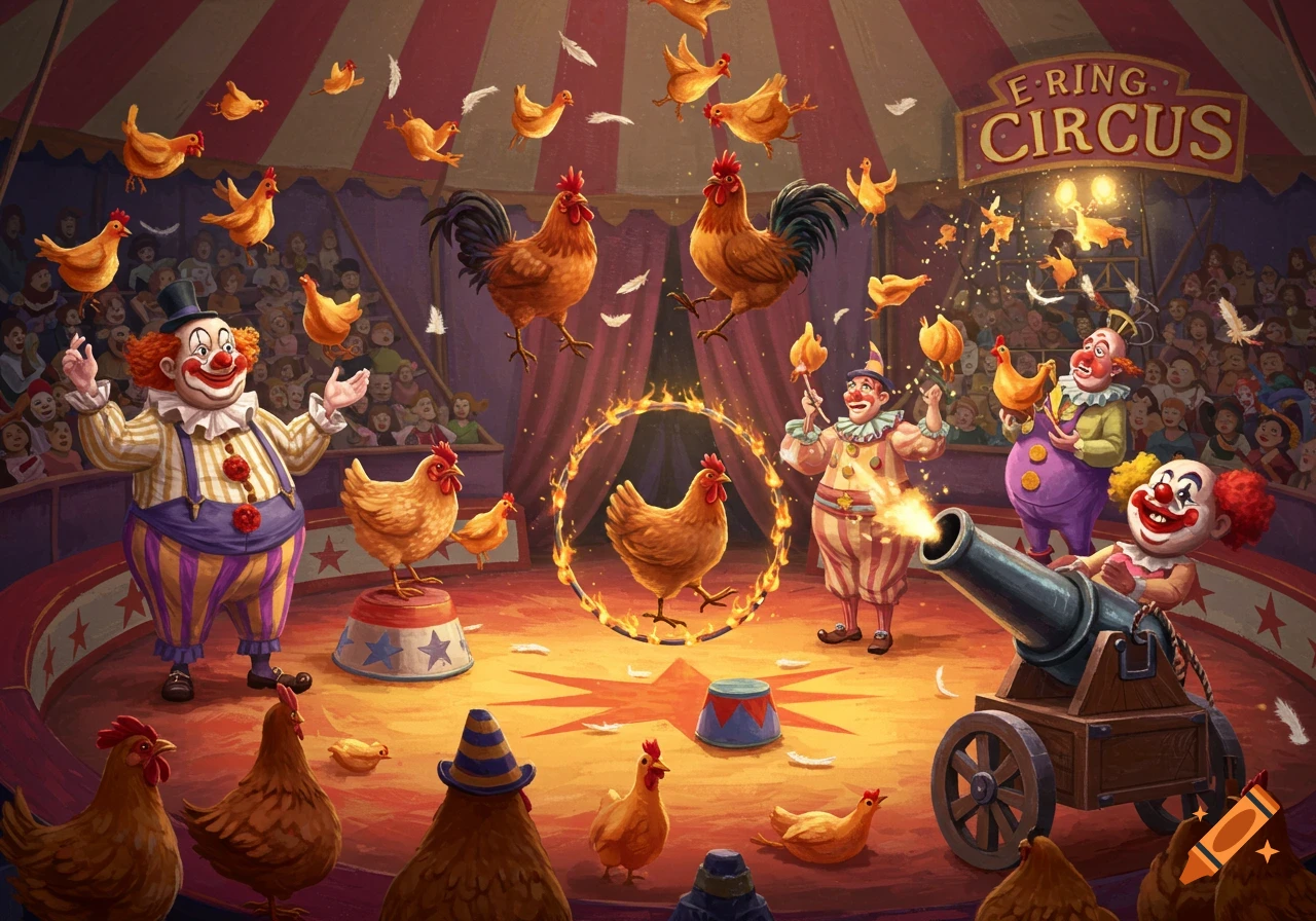 Illustration of a chaotic circus scene with clowns, chickens jumping through a fiery hoop, and a chicken being shot from a cannon.