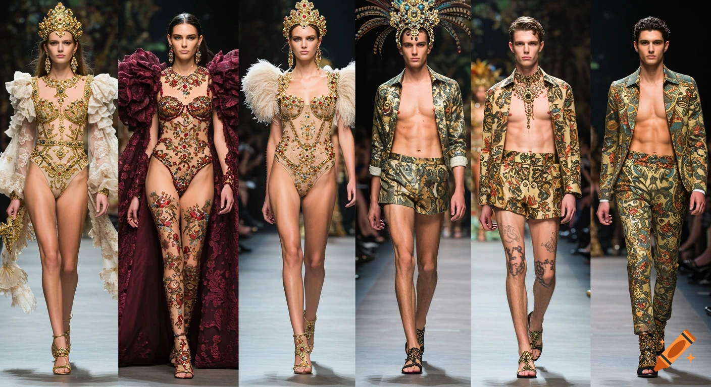 Models walk a runway in ornate, bejeweled, carnival-inspired outfits