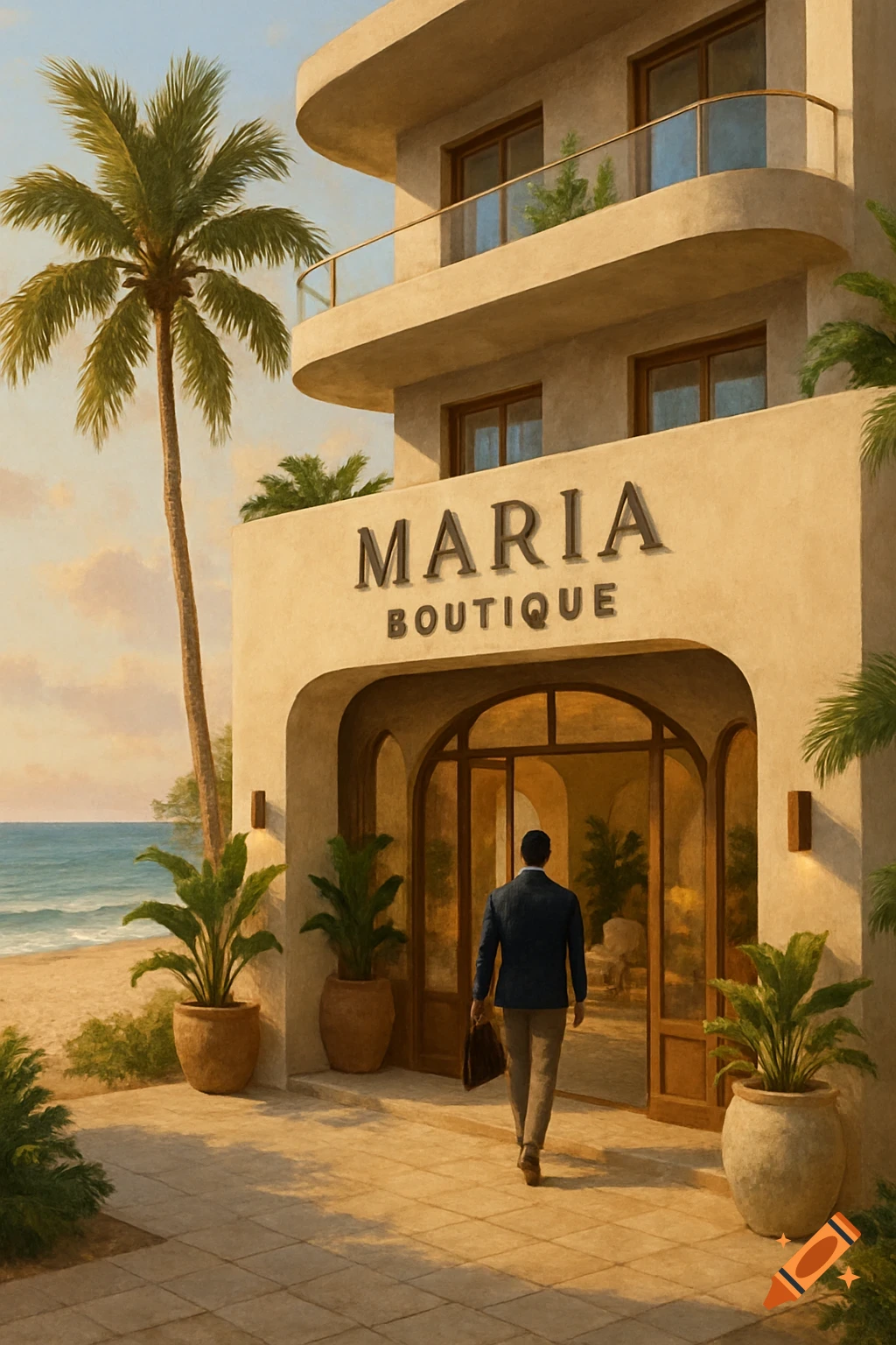 Illustration of a man entering Maria Boutique hotel on a beach, with a palm tree.