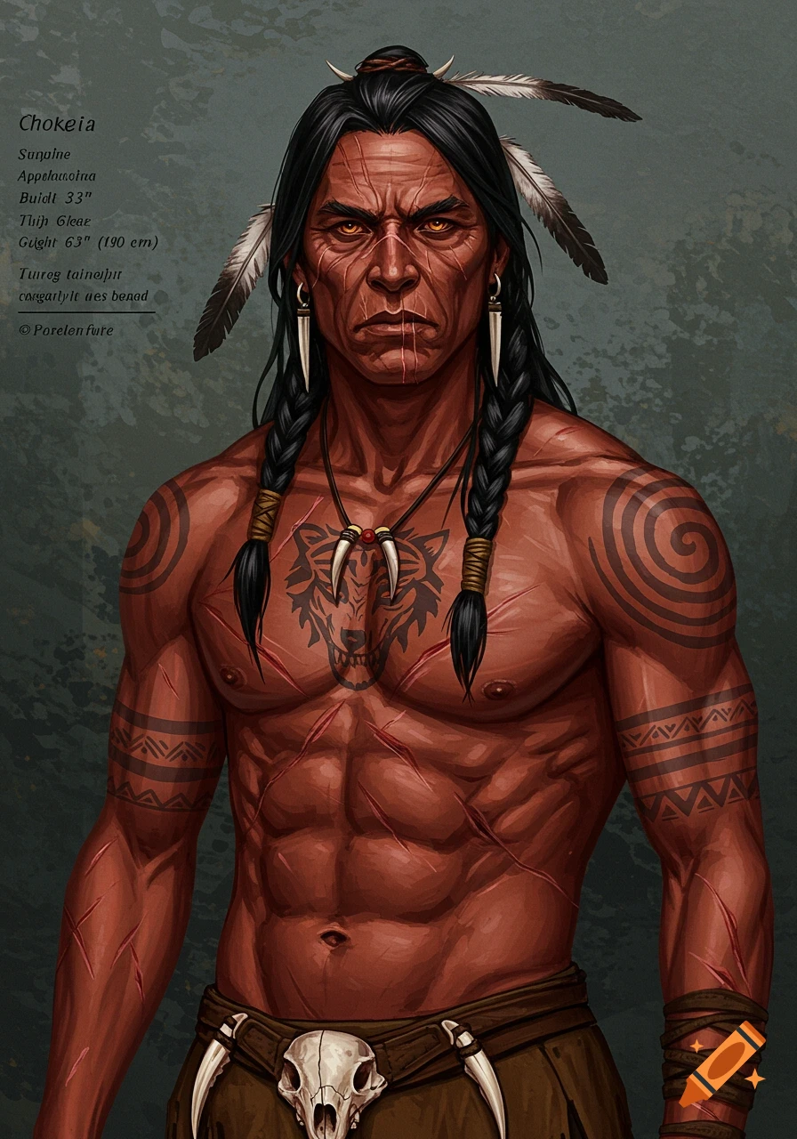 Portrait of a male fantasy warrior with face scars, tribal tattoos, and braids, wearing a wolf pendant.