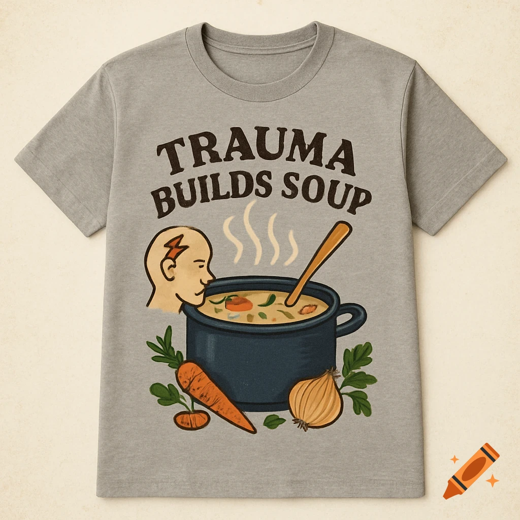 Illustration on a grey t-shirt says "TRAUMA BUILDS SOUP" with a head, soup pot, carrot, and onion.