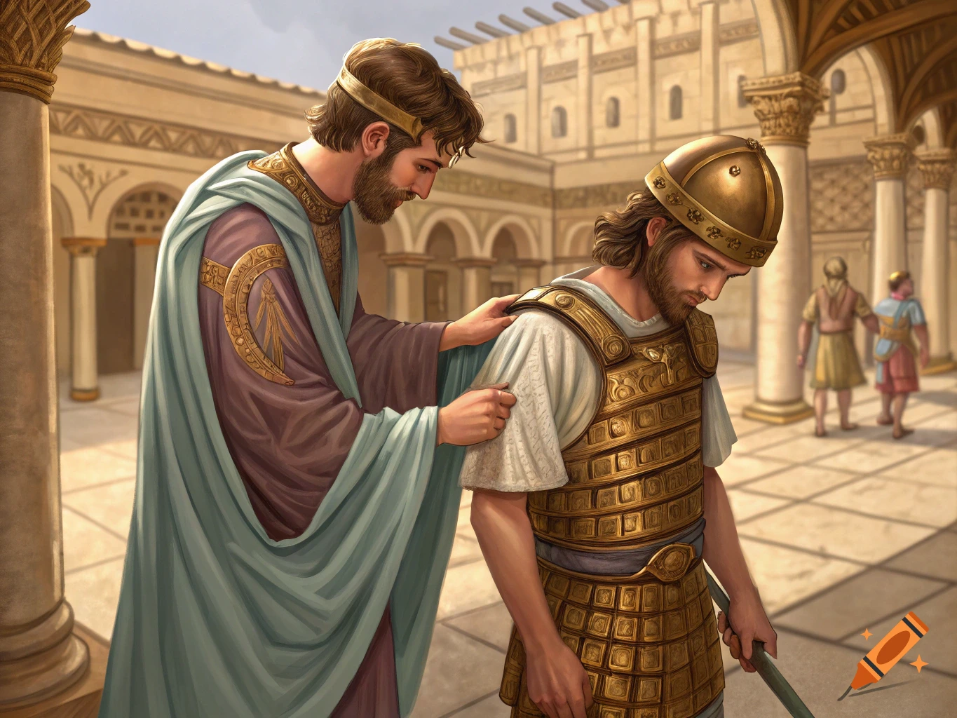 An older man places a hand on a younger man in golden armor in an ancient courtyard.