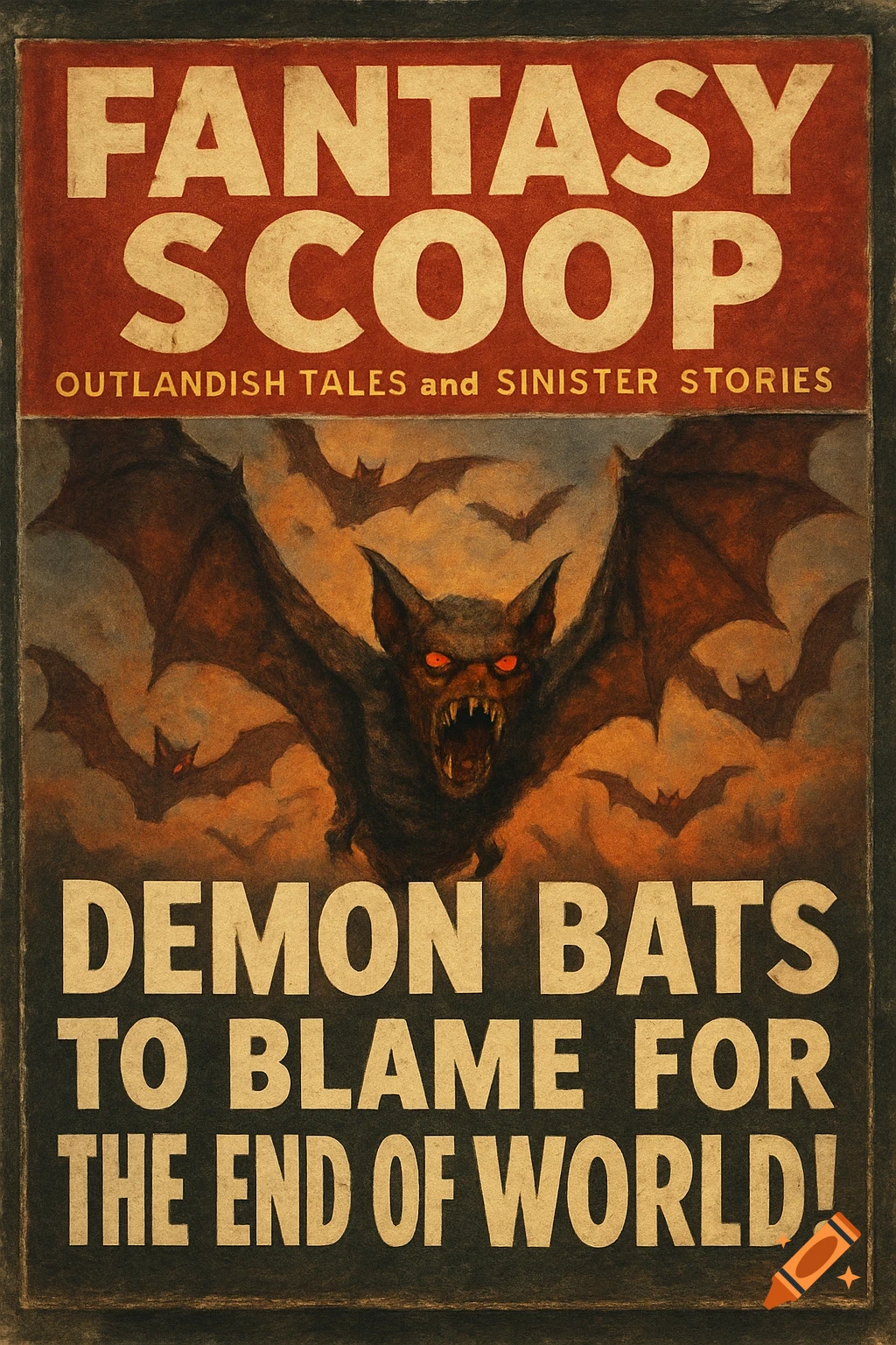 Pulp fantasy magazine cover featuring a monster bat and text about demon bats ending the world.