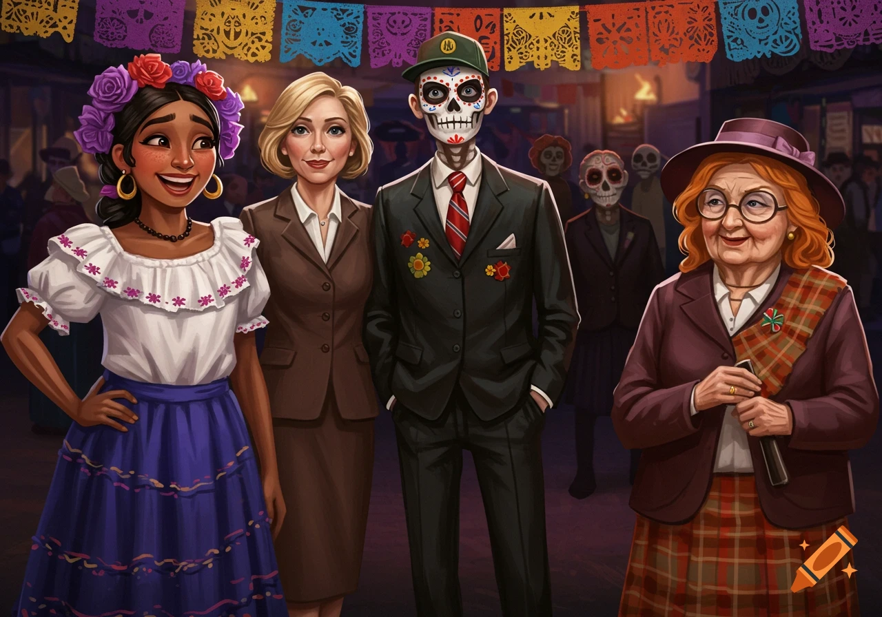 Group of people in costumes and makeup for a Day of the Dead celebration under colorful flags.