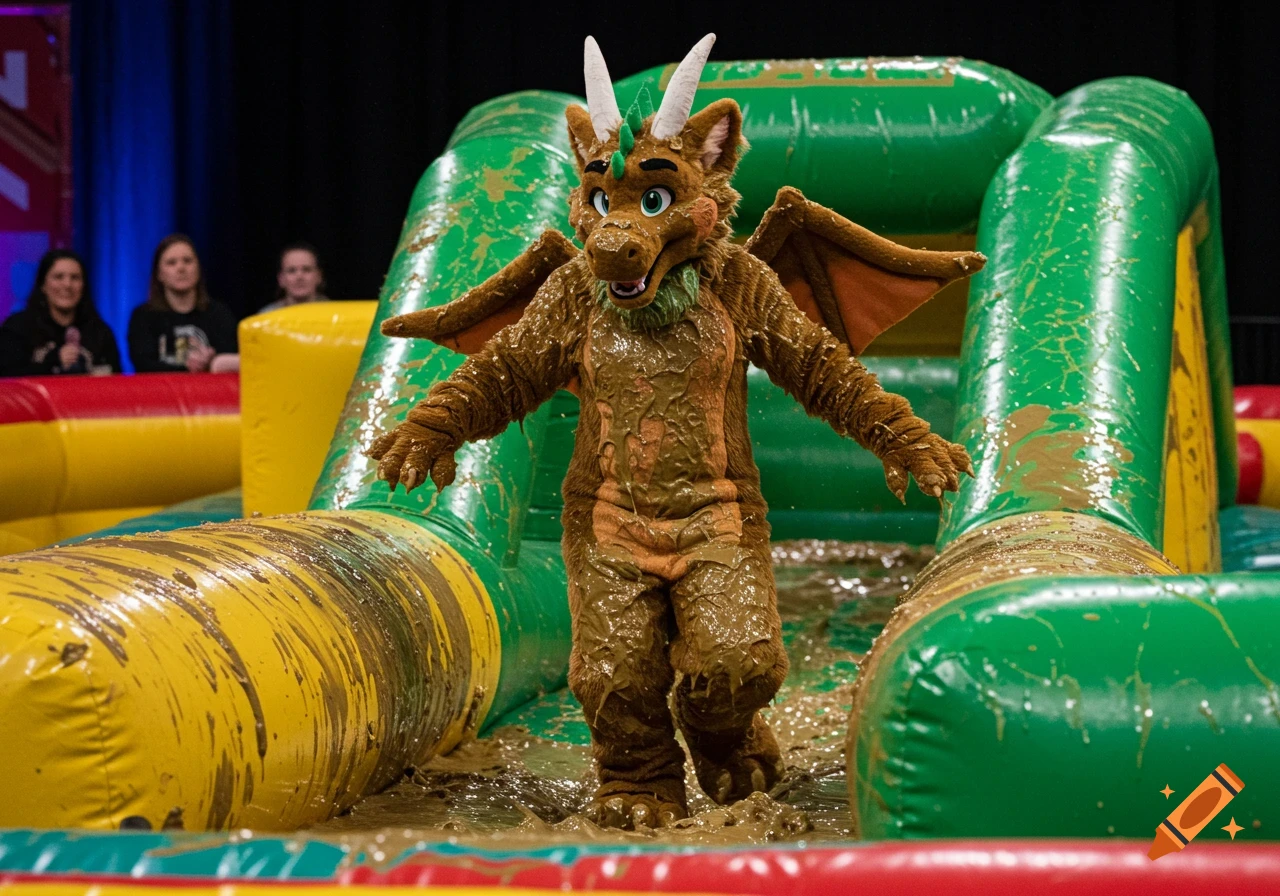 Dragon fursuit covered in mud on a colorful inflatable obstacle course during a game show.