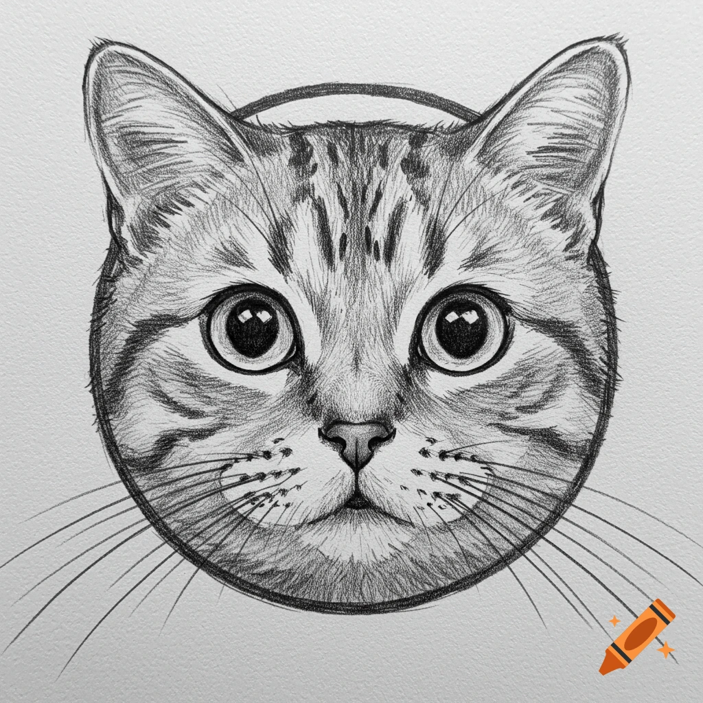 Black and white pencil sketch of a cat's face in a circle.