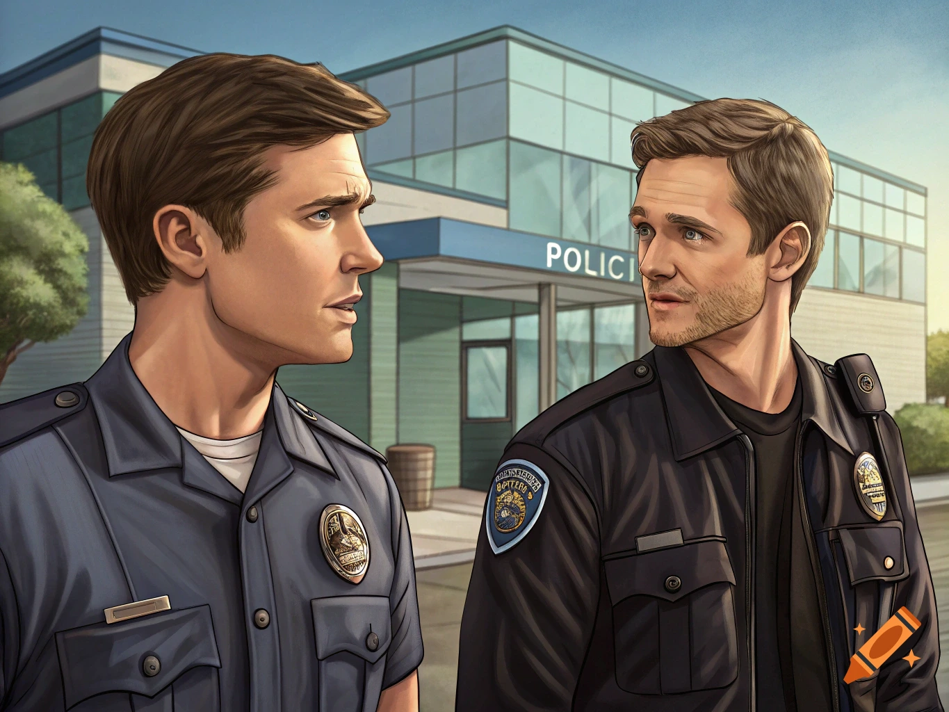 Illustration of two male police officers standing outside a police station and talking.