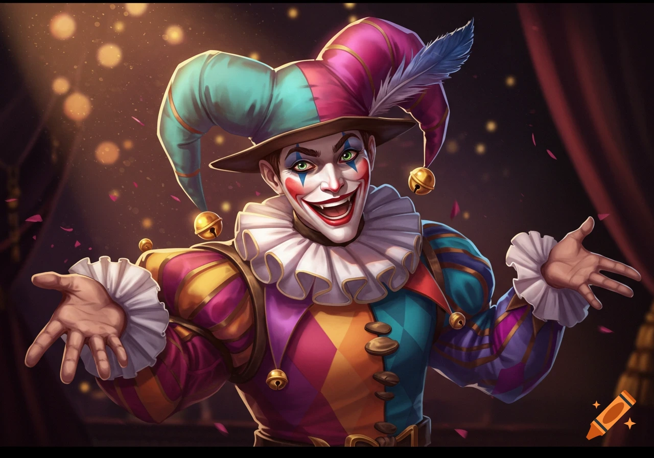 A colorful male jester character in a whimsical costume stands in a theatrical setting